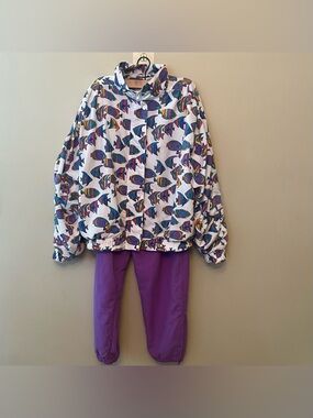Vintage Duffel Sportswear Fish Print Jacket Purple Pants Womens Large Grannycore